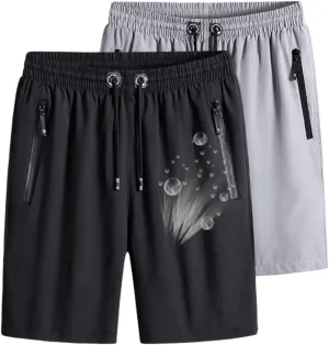 Men's Plus Size Ice Silk Stretch Shorts with Zippered Pockets, Quick Dry Workout Shorts Athletic Running Shorts