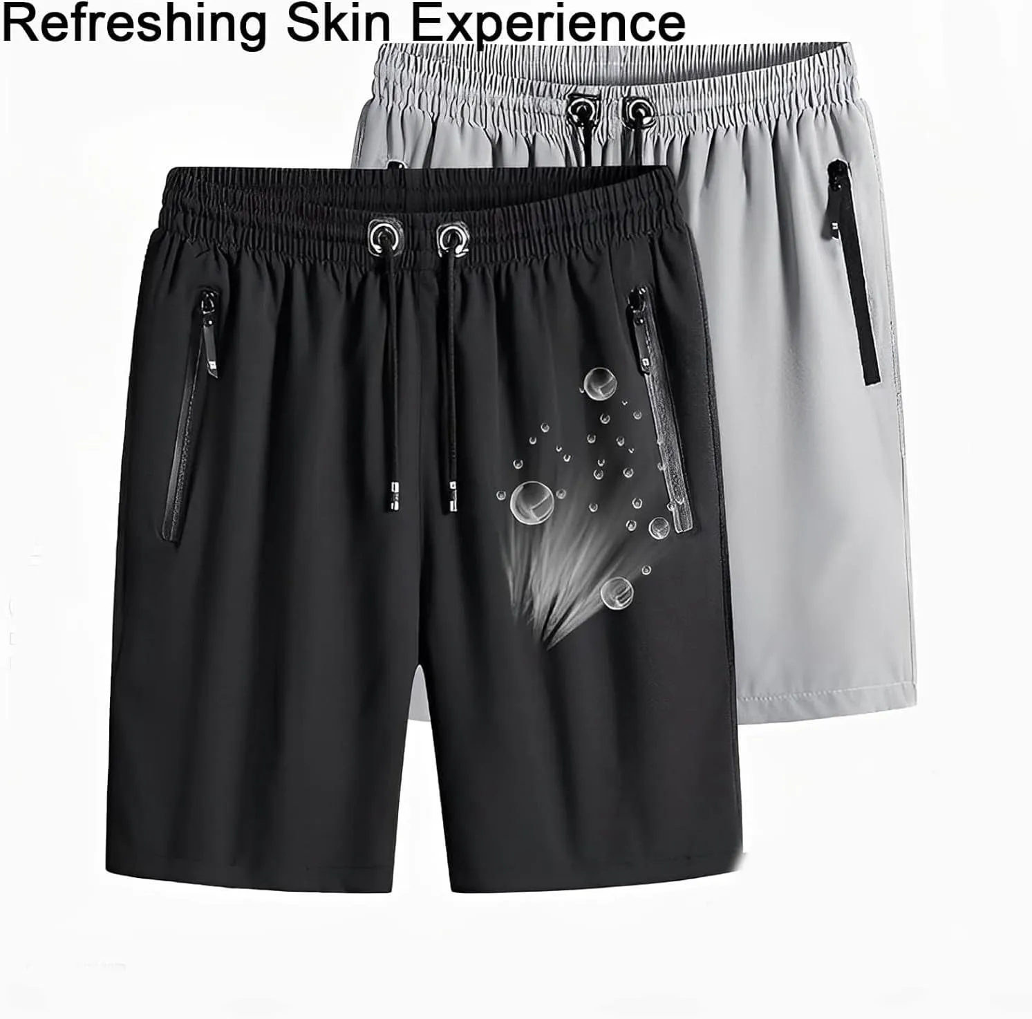 Men's Plus Size Ice Silk Stretch Shorts with Zippered Pockets, Quick Dry Workout Shorts Athletic Running Shorts