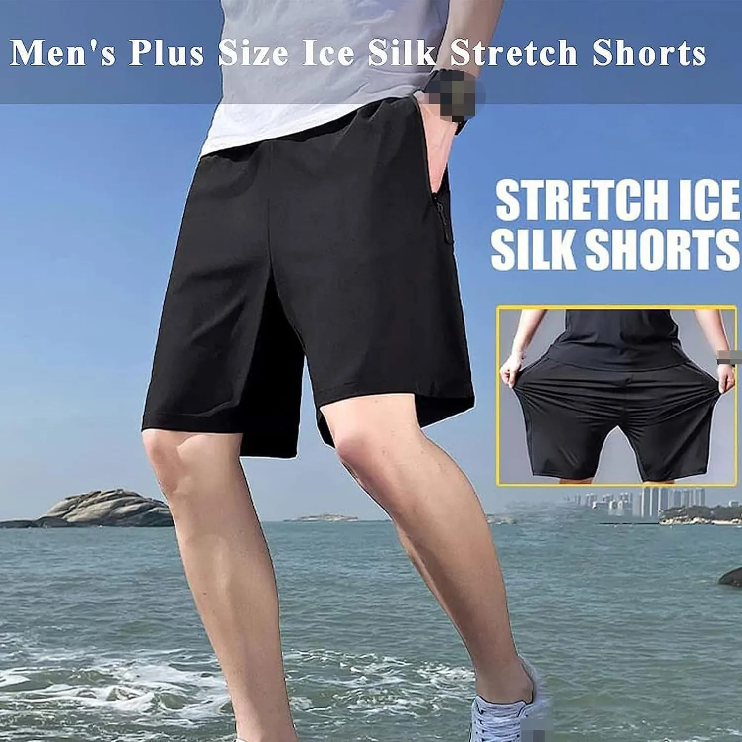 Men's Plus Size Ice Silk Stretch Shorts with Zippered Pockets, Quick Dry Workout Shorts Athletic Running Shorts