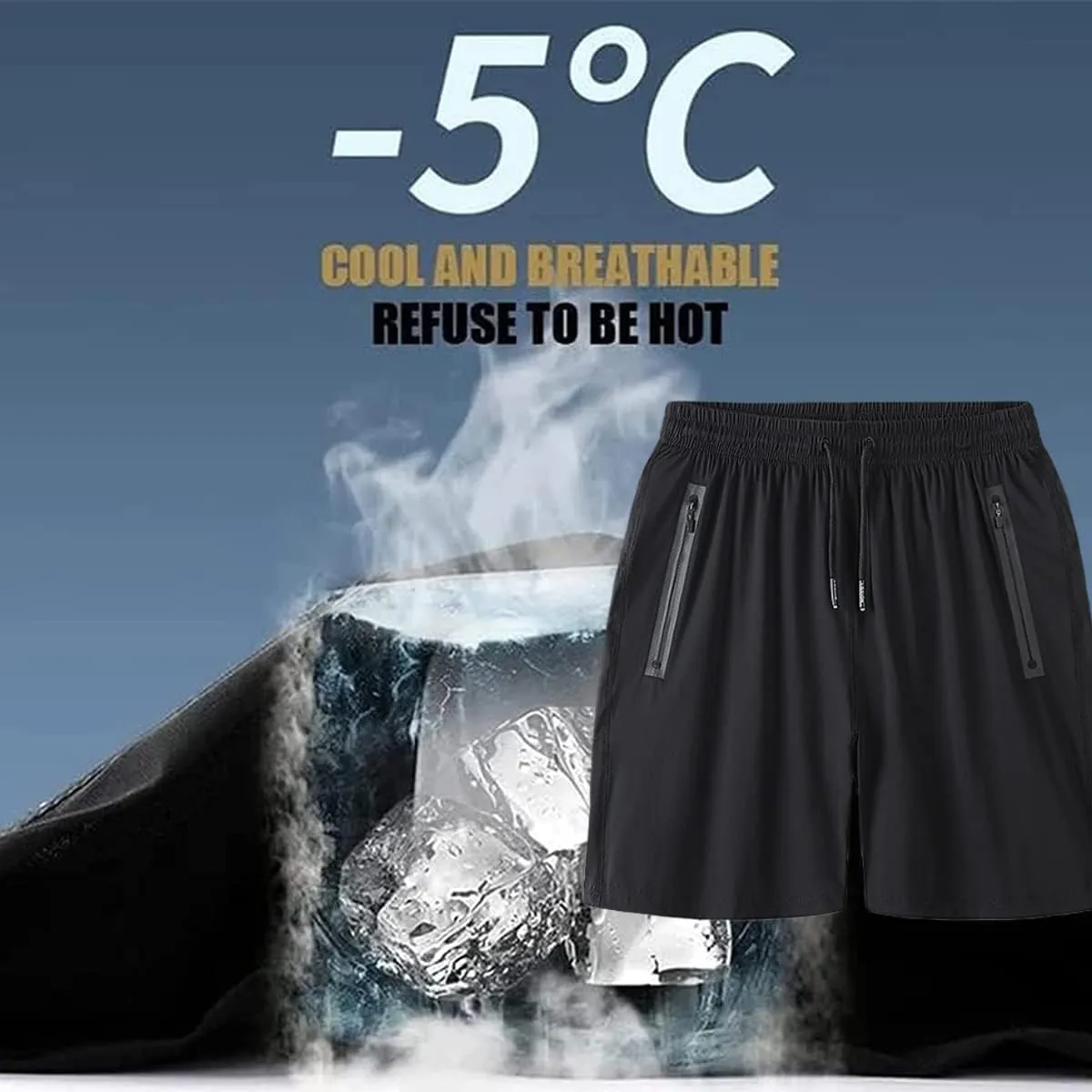Men's Plus Size Ice Silk Stretch Shorts with Zippered Pockets, Quick Dry Workout Shorts Athletic Running Shorts