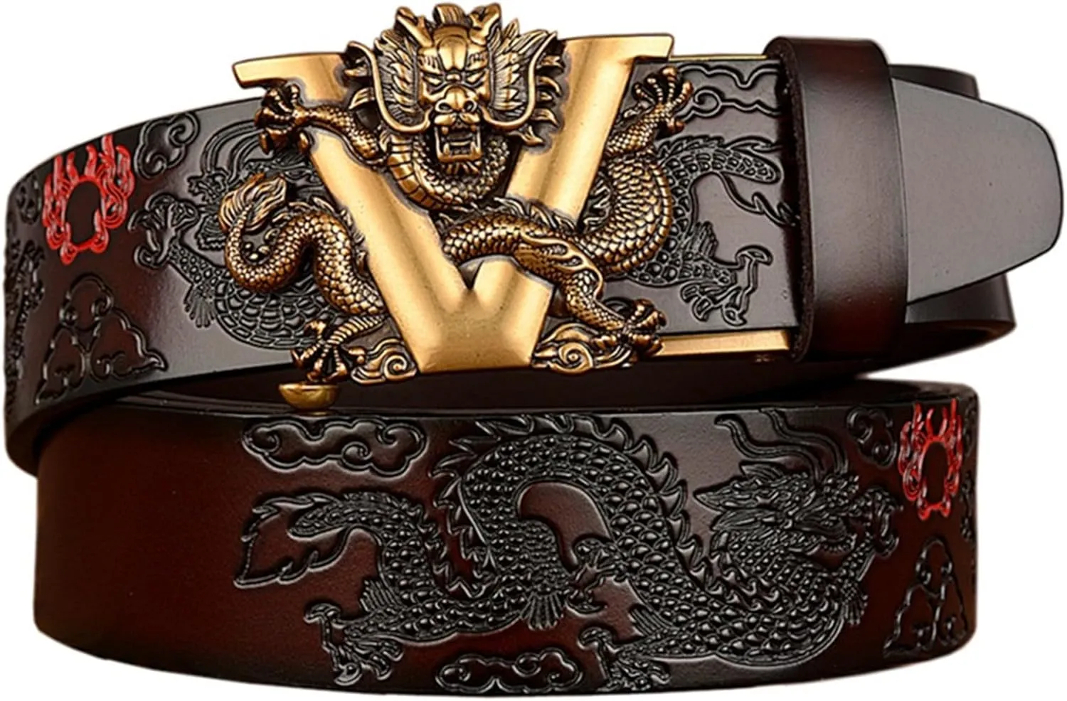 Men's Ratchet Dress Belt Retro Dragon Carved Genuine Leather with Sliding Adjustable Buckle