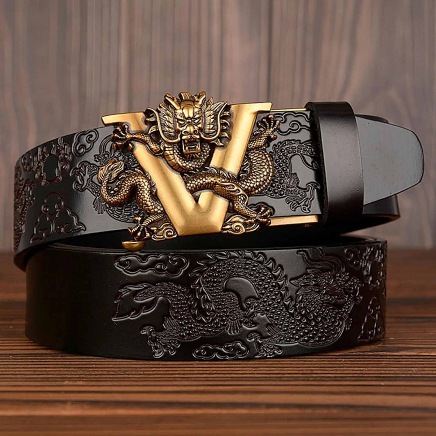 Men's Ratchet Dress Belt Retro Dragon Carved Genuine Leather with Sliding Adjustable Buckle
