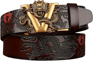 Men's Ratchet Dress Belt Retro Dragon Carved Genuine Leather with Sliding Adjustable Buckle