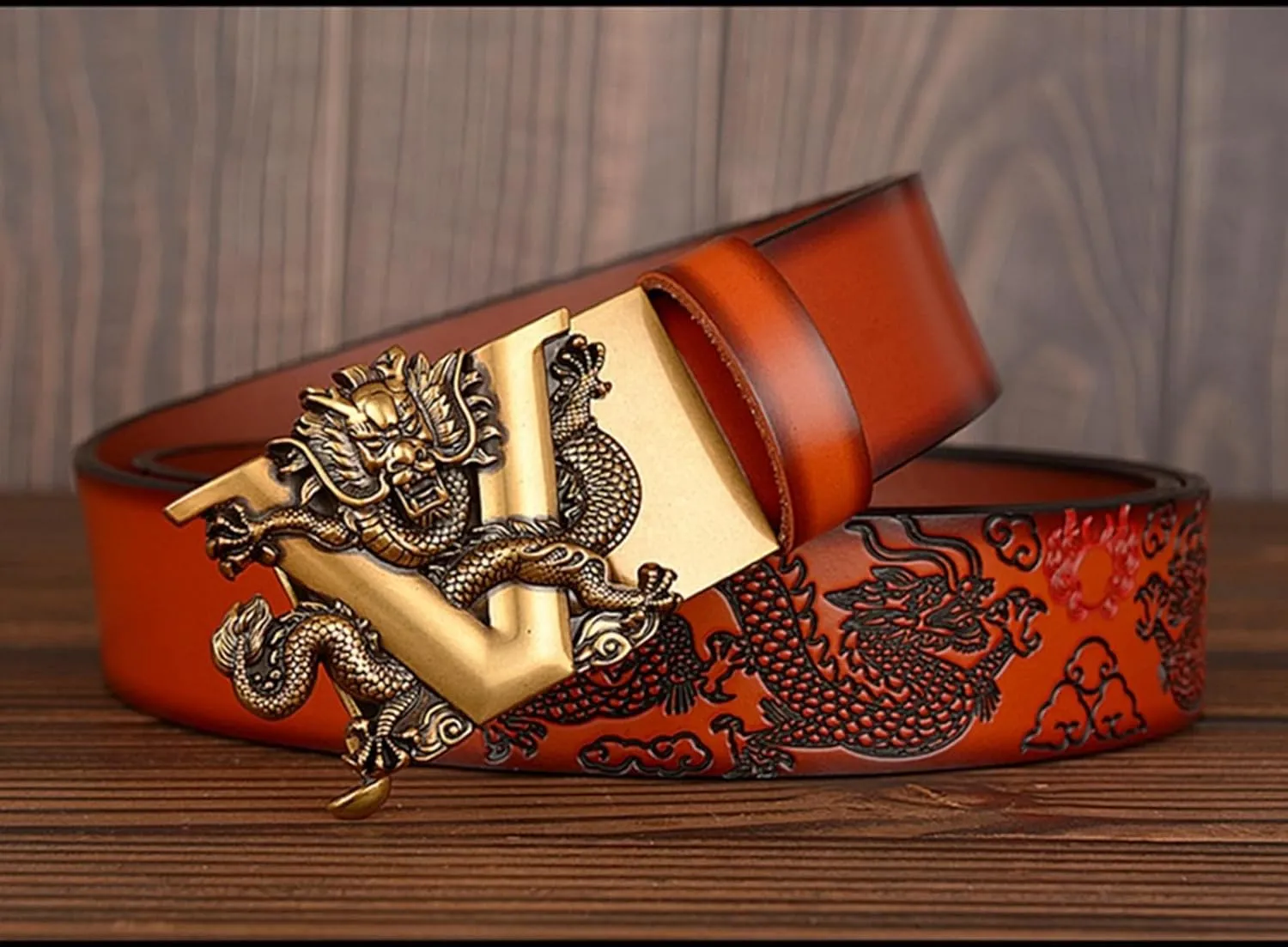 Men's Ratchet Dress Belt Retro Dragon Carved Genuine Leather with Sliding Adjustable Buckle