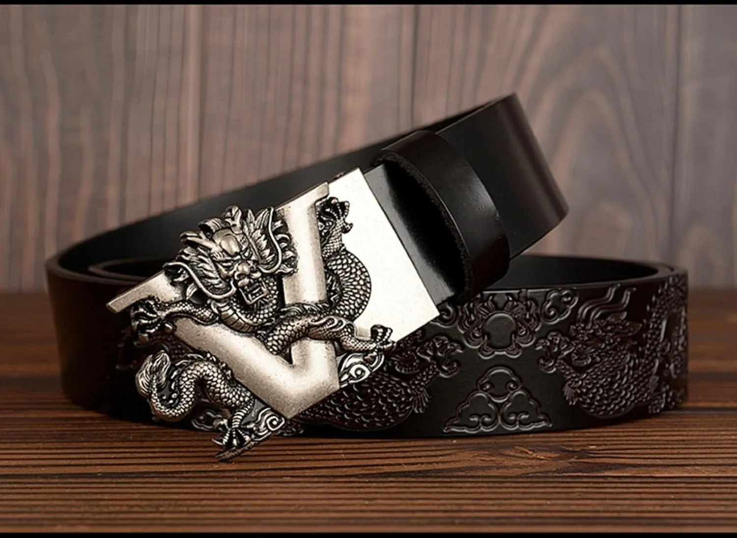 Men's Ratchet Dress Belt Retro Dragon Carved Genuine Leather with Sliding Adjustable Buckle