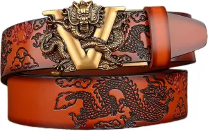 Men's Ratchet Dress Belt Retro Dragon Carved Genuine Leather with Sliding Adjustable Buckle