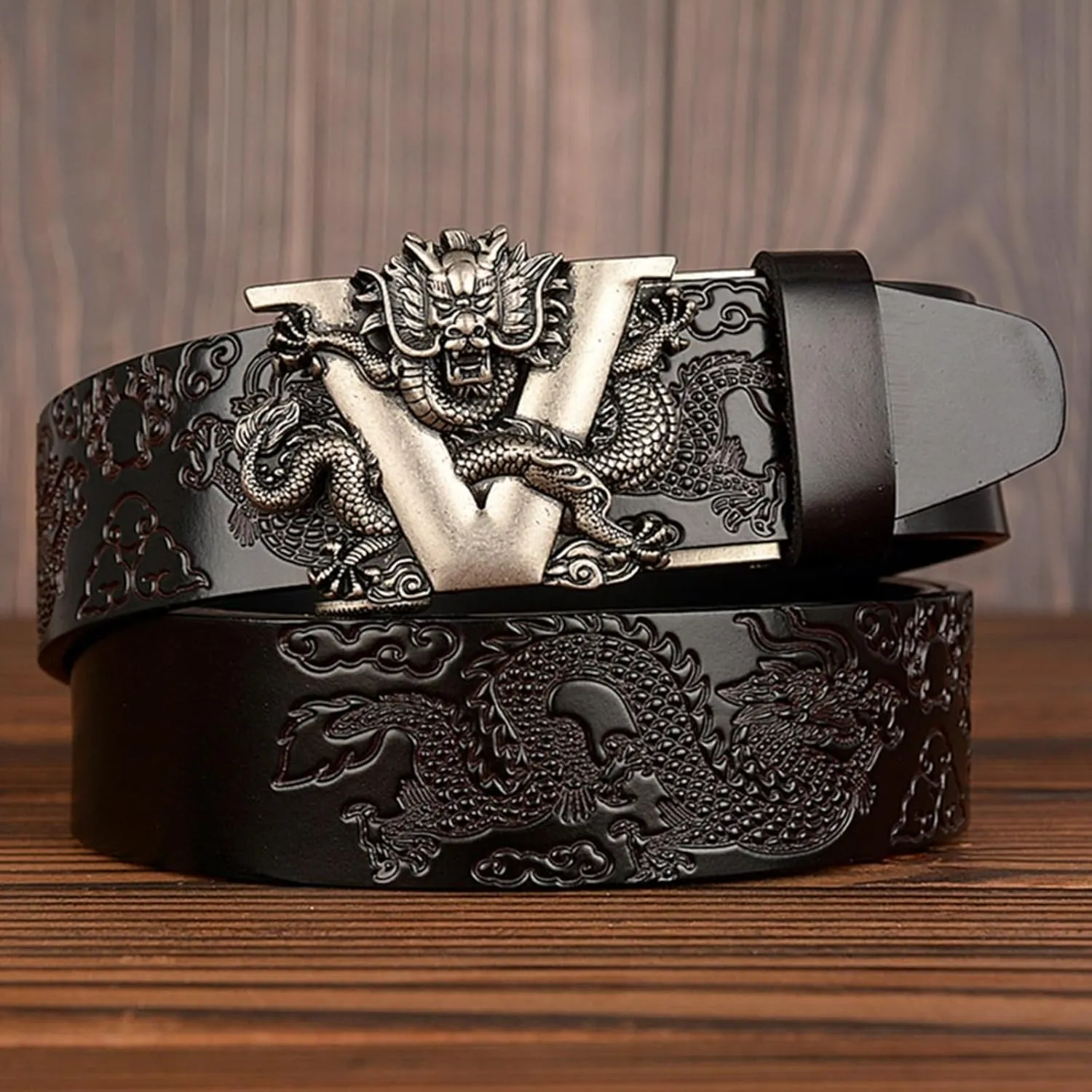 Men's Ratchet Dress Belt Retro Dragon Carved Genuine Leather with Sliding Adjustable Buckle