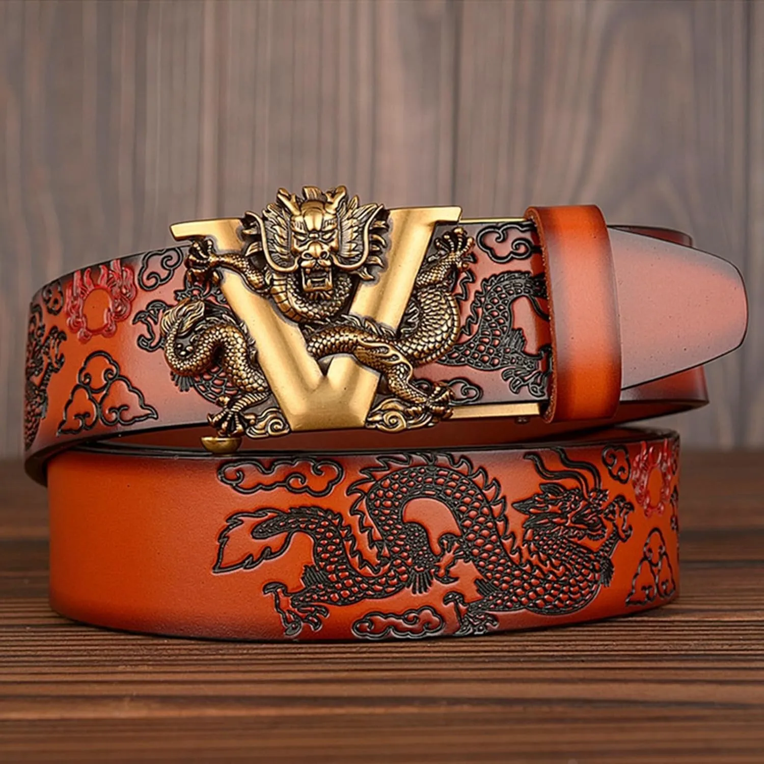 Men's Ratchet Dress Belt Retro Dragon Carved Genuine Leather with Sliding Adjustable Buckle
