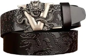 Men's Ratchet Dress Belt Retro Dragon Carved Genuine Leather with Sliding Adjustable Buckle