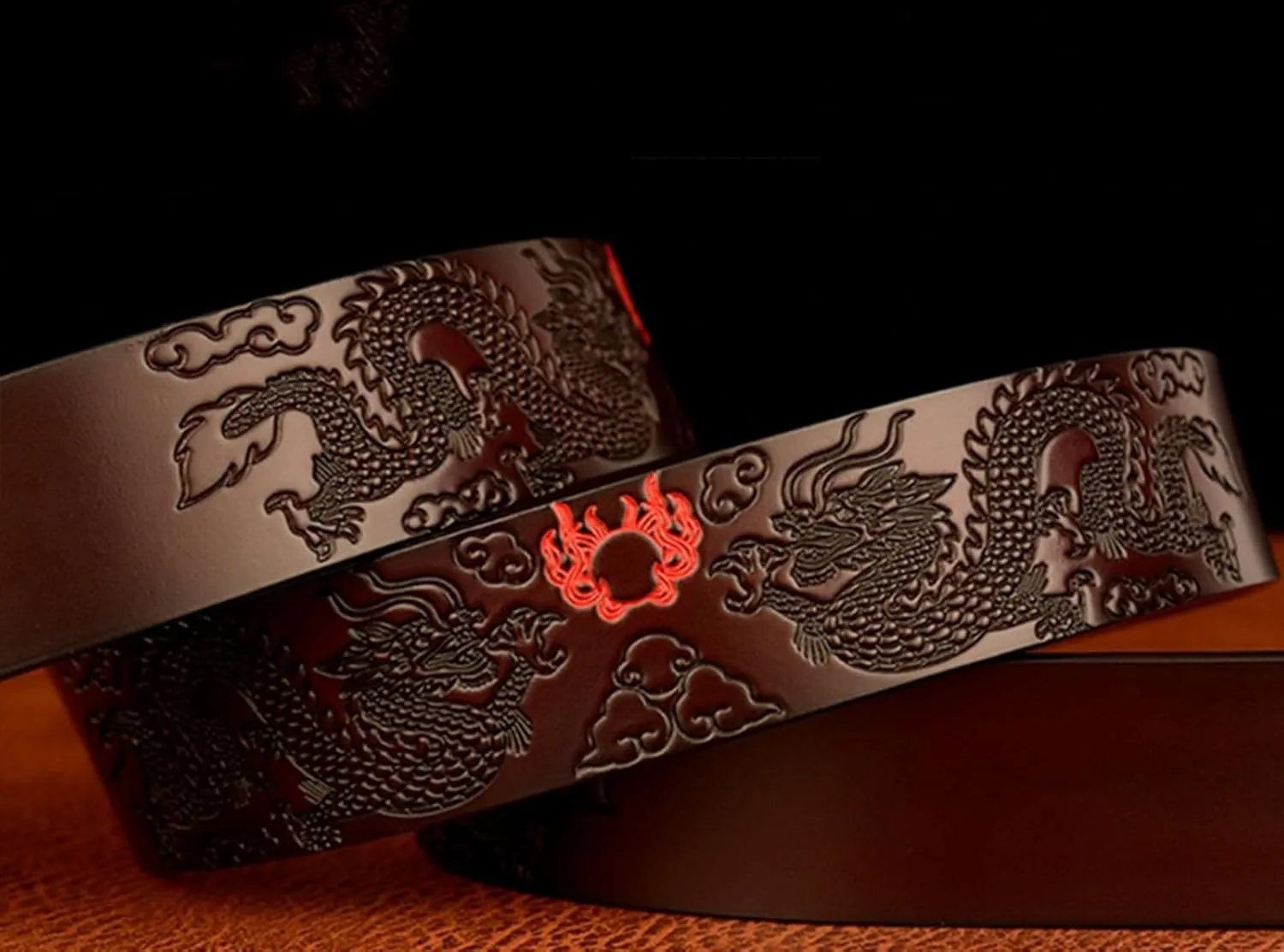Men's Ratchet Dress Belt Retro Dragon Carved Genuine Leather with Sliding Adjustable Buckle