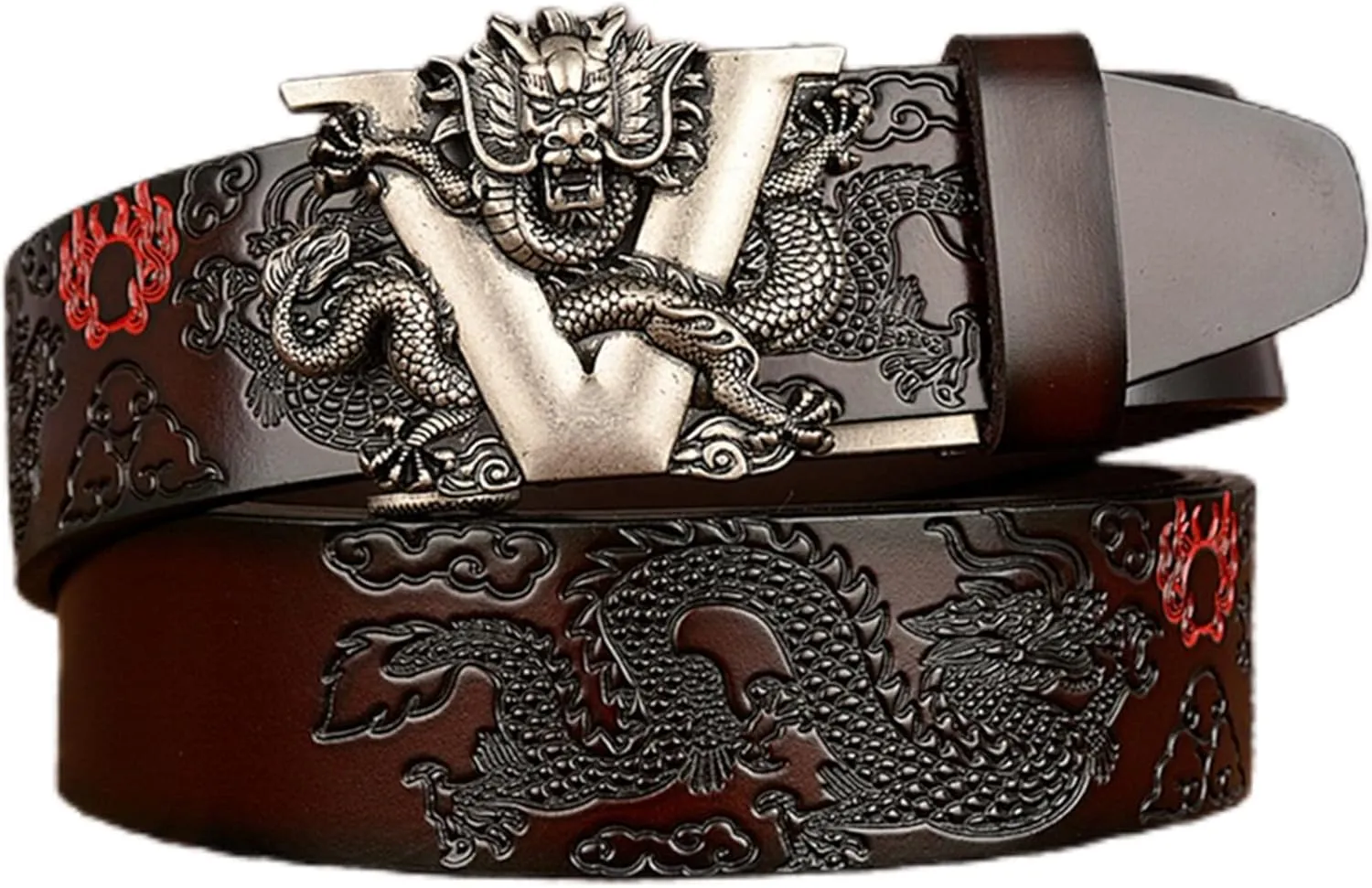 Men's Ratchet Dress Belt Retro Dragon Carved Genuine Leather with Sliding Adjustable Buckle