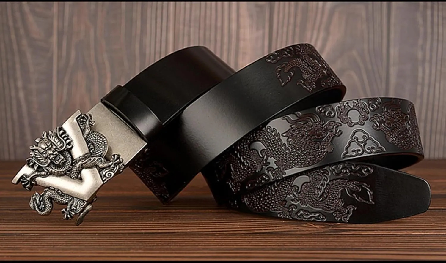 Men's Ratchet Dress Belt Retro Dragon Carved Genuine Leather with Sliding Adjustable Buckle