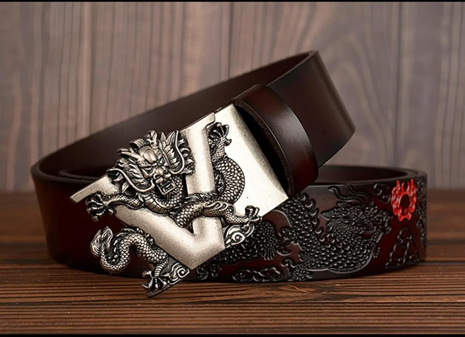 Men's Ratchet Dress Belt Retro Dragon Carved Genuine Leather with Sliding Adjustable Buckle