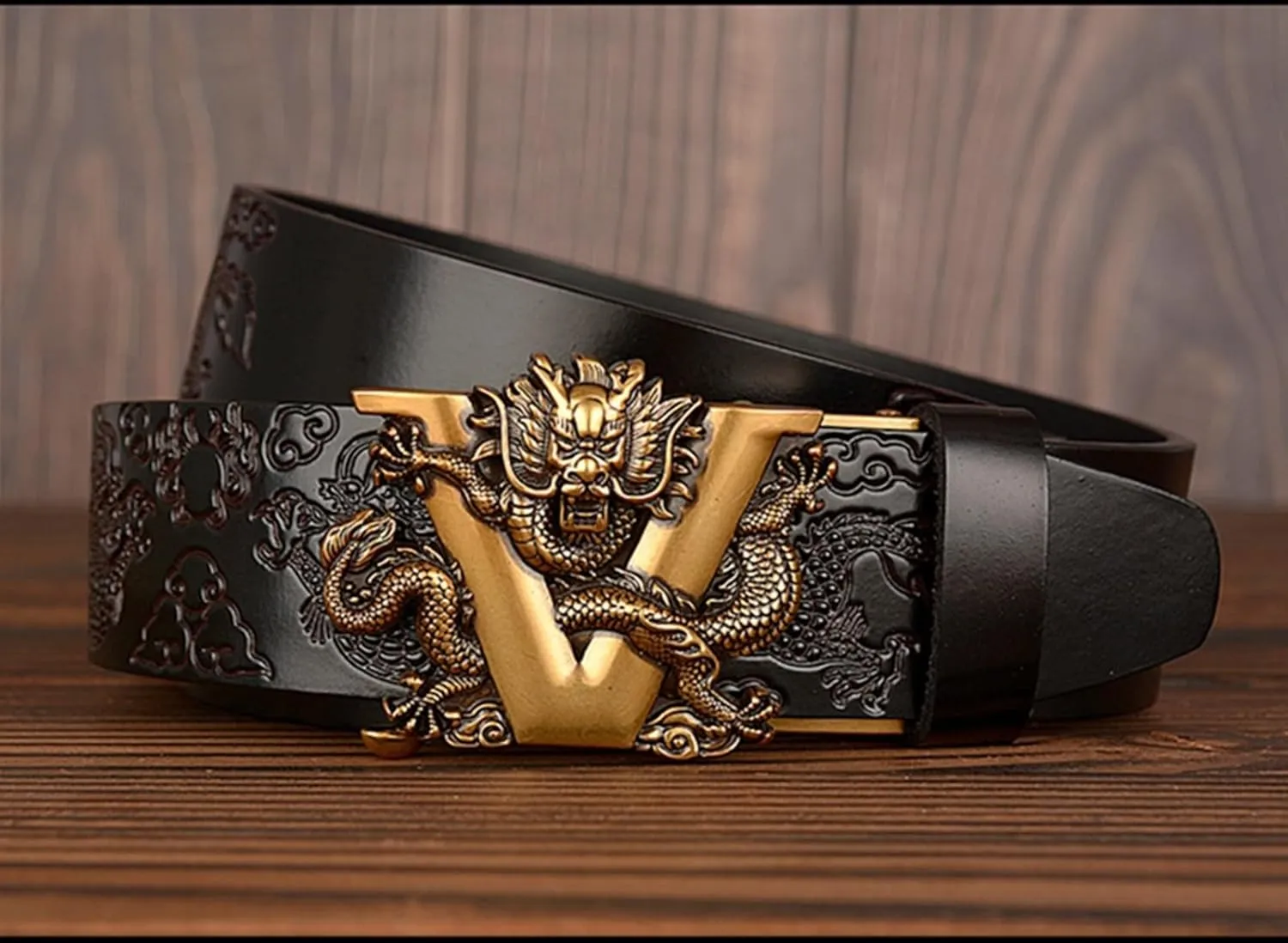 Men's Ratchet Dress Belt Retro Dragon Carved Genuine Leather with Sliding Adjustable Buckle