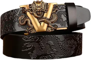 Men's Ratchet Dress Belt Retro Dragon Carved Genuine Leather with Sliding Adjustable Buckle