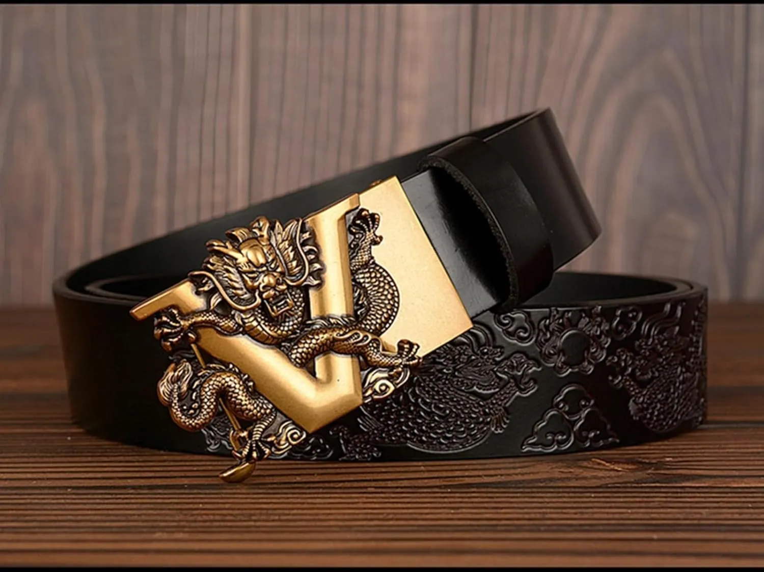 Men's Ratchet Dress Belt Retro Dragon Carved Genuine Leather with Sliding Adjustable Buckle