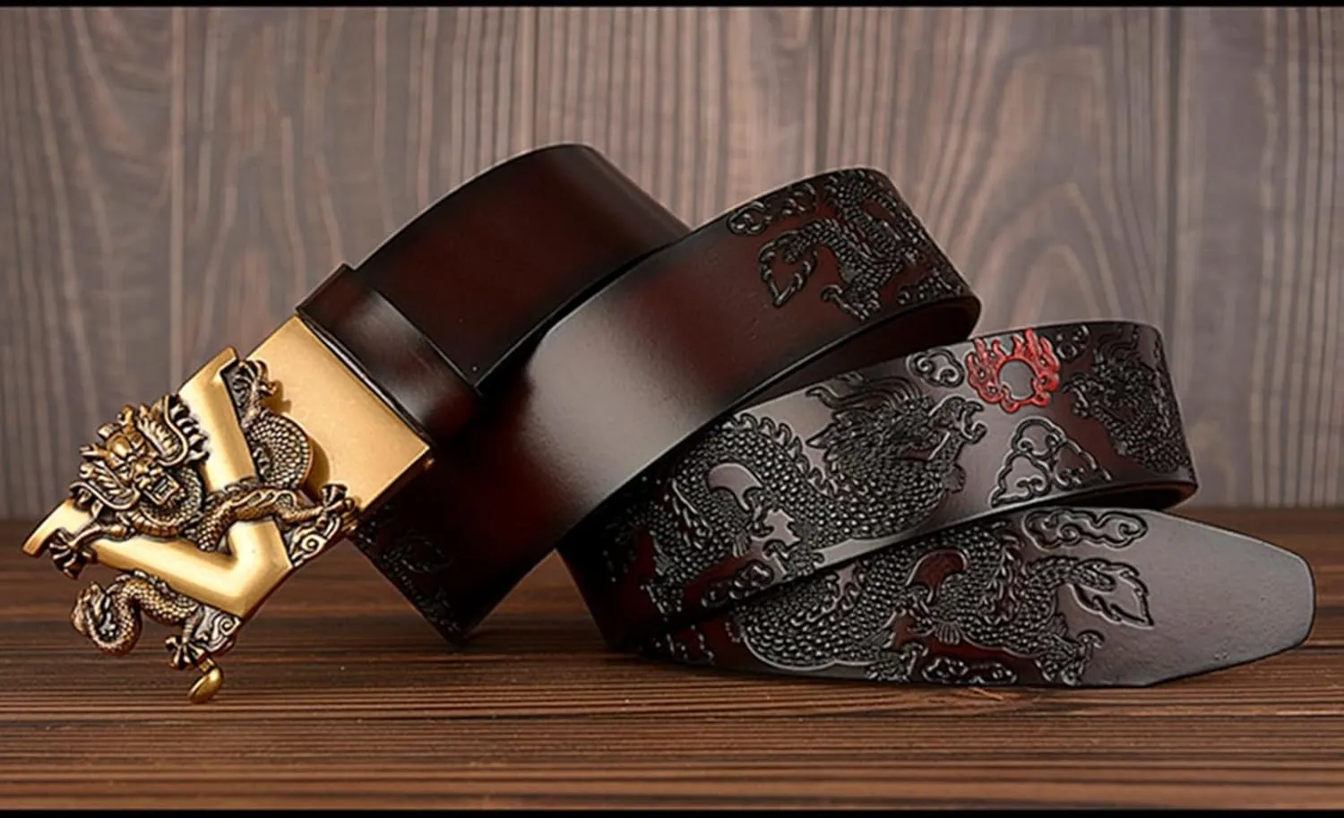 Men's Ratchet Dress Belt Retro Dragon Carved Genuine Leather with Sliding Adjustable Buckle