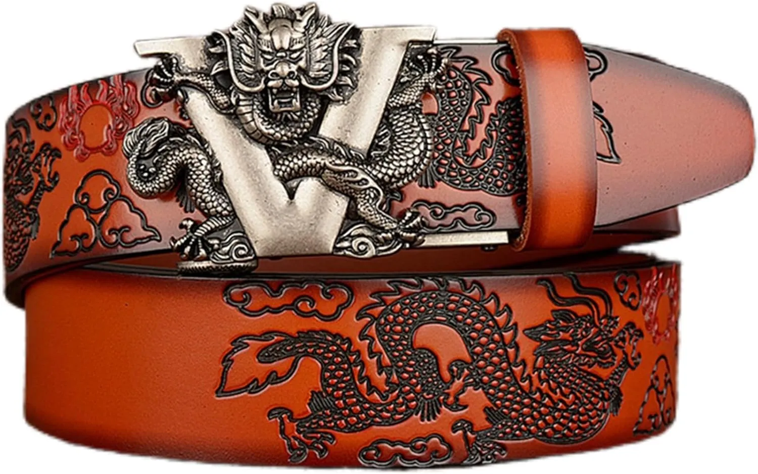 Men's Ratchet Dress Belt Retro Dragon Carved Genuine Leather with Sliding Adjustable Buckle