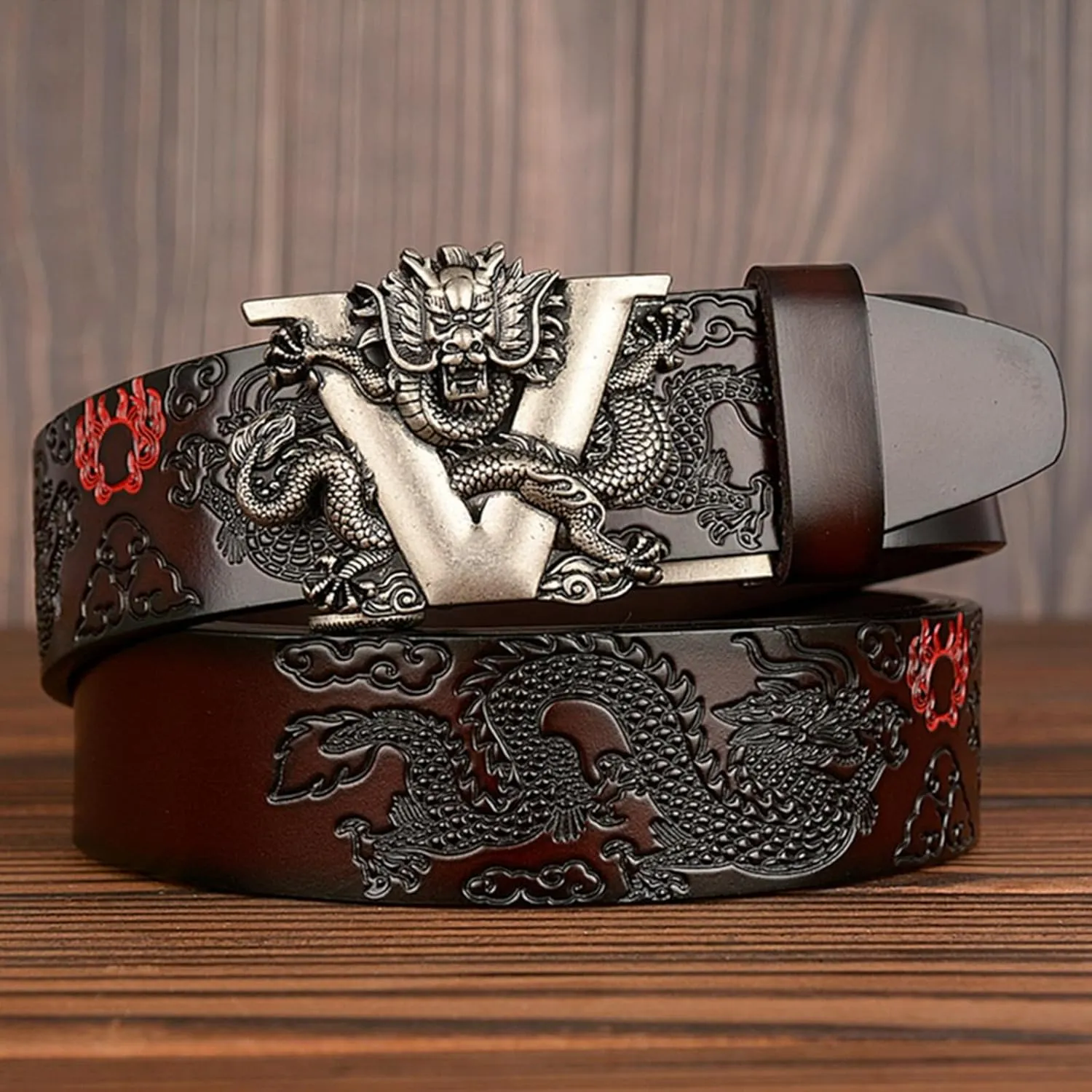 Men's Ratchet Dress Belt Retro Dragon Carved Genuine Leather with Sliding Adjustable Buckle