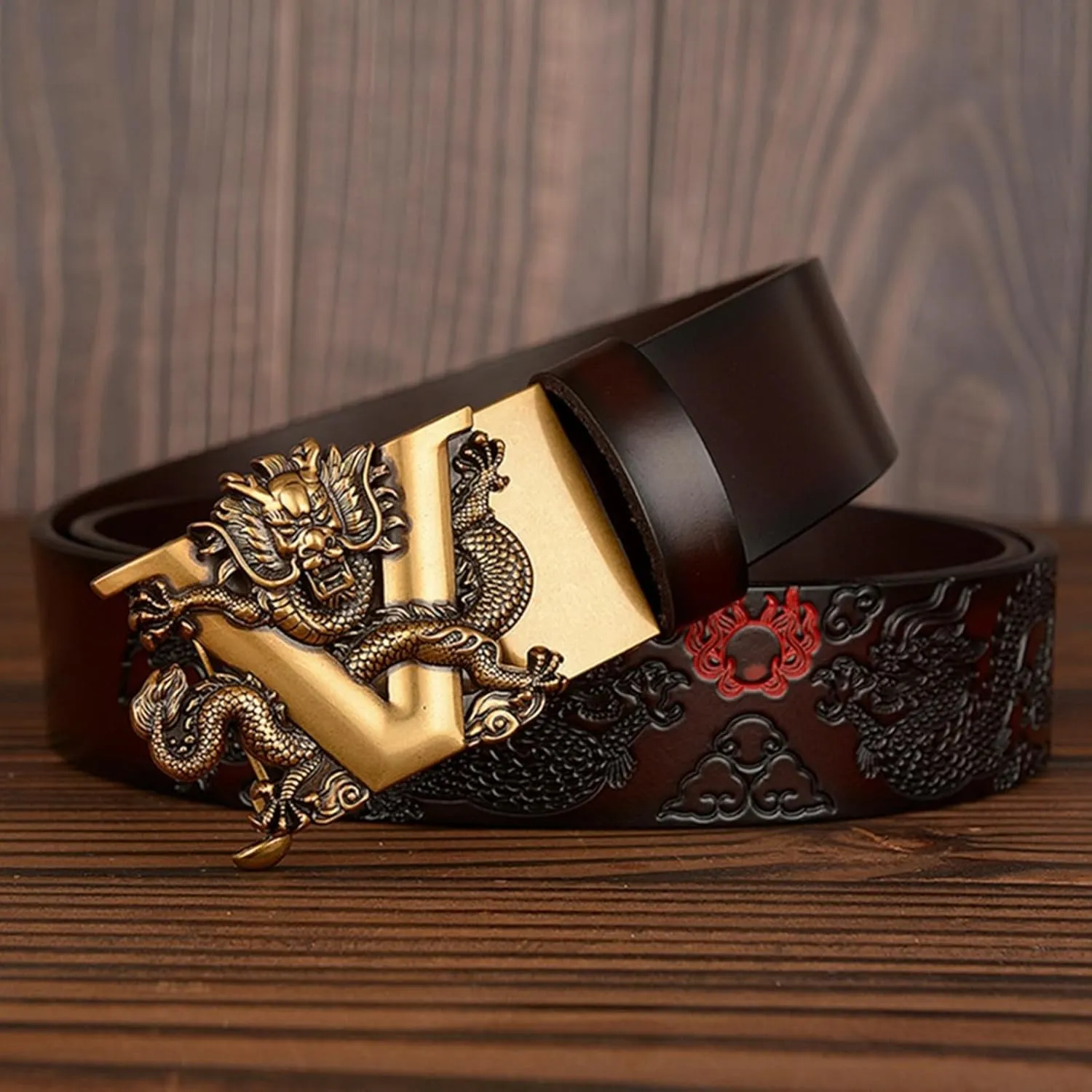 Men's Ratchet Dress Belt Retro Dragon Carved Genuine Leather with Sliding Adjustable Buckle