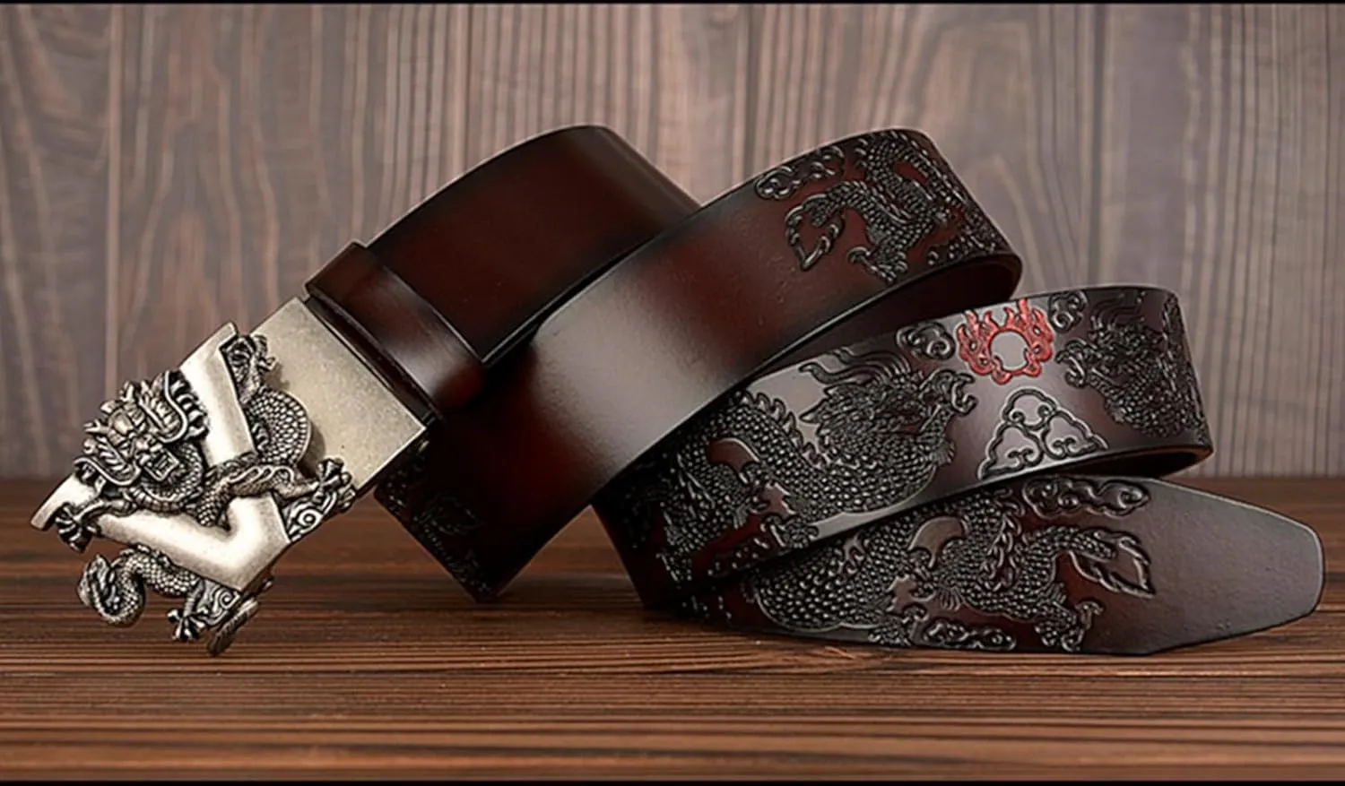 Men's Ratchet Dress Belt Retro Dragon Carved Genuine Leather with Sliding Adjustable Buckle