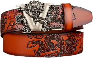 Men's Ratchet Dress Belt Retro Dragon Carved Genuine Leather with Sliding Adjustable Buckle