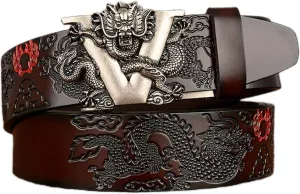 Men's Ratchet Dress Belt Retro Dragon Carved Genuine Leather with Sliding Adjustable Buckle