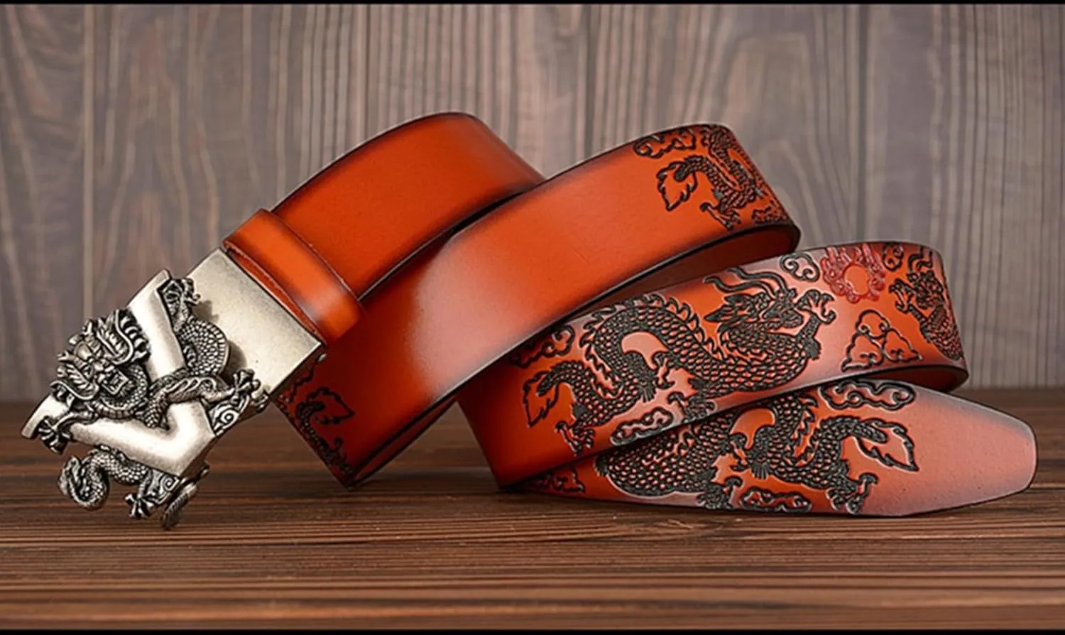 Men's Ratchet Dress Belt Retro Dragon Carved Genuine Leather with Sliding Adjustable Buckle