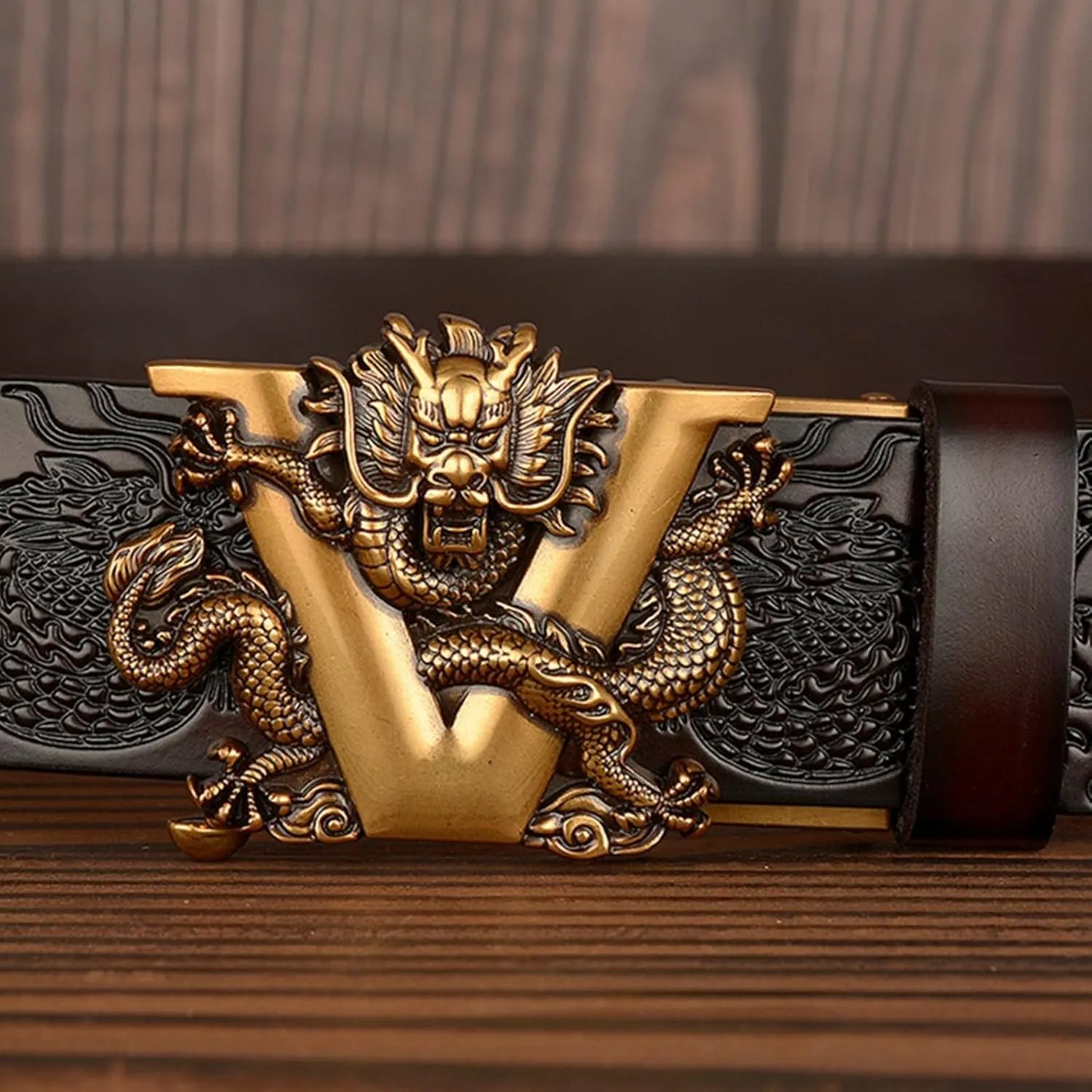 Men's Ratchet Dress Belt Retro Dragon Carved Genuine Leather with Sliding Adjustable Buckle