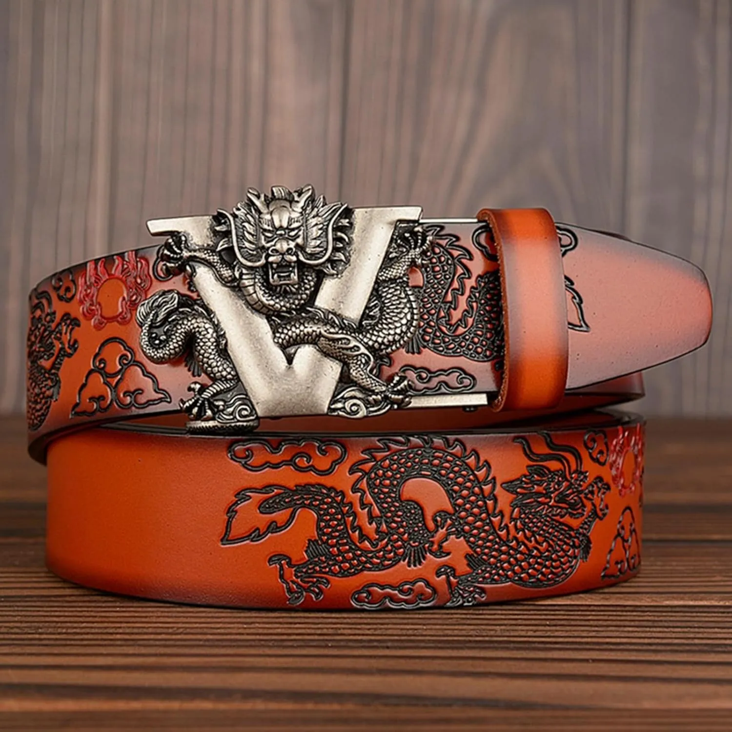 Men's Ratchet Dress Belt Retro Dragon Carved Genuine Leather with Sliding Adjustable Buckle