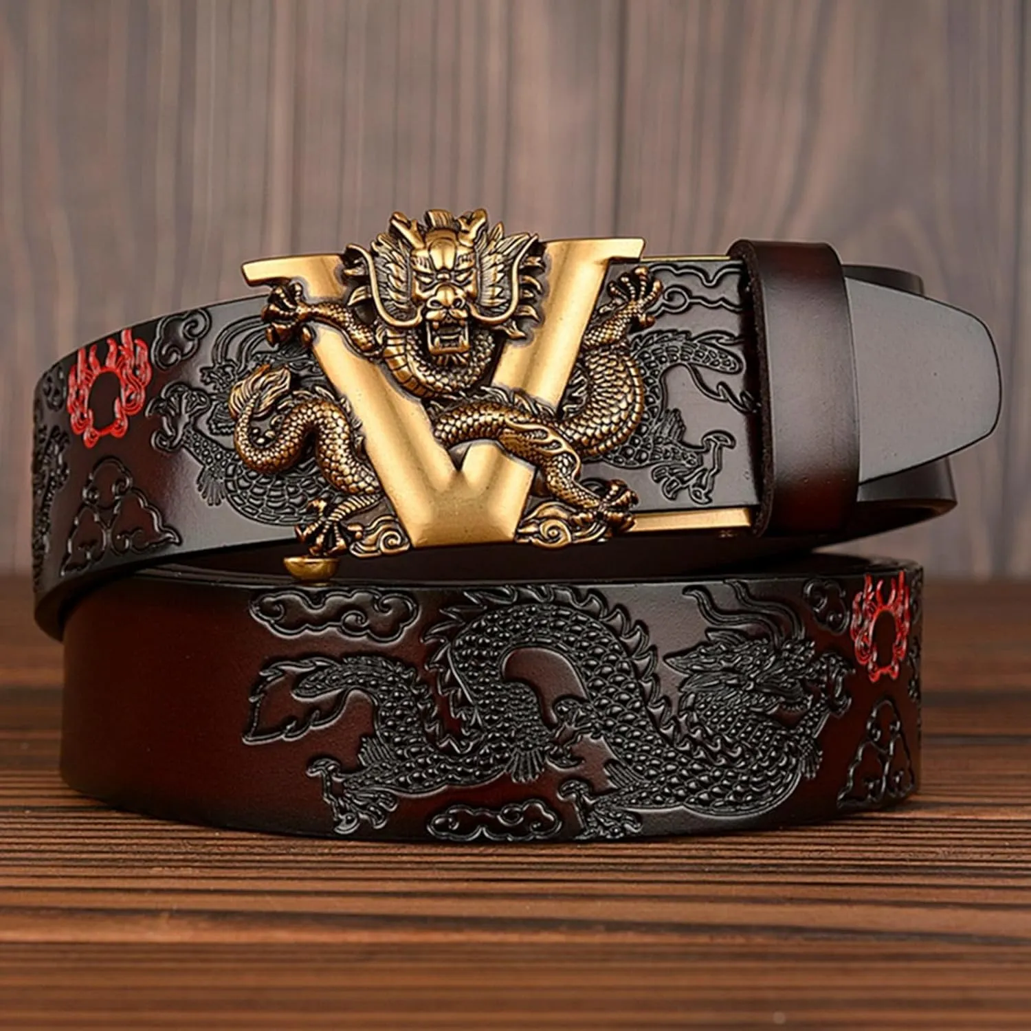 Men's Ratchet Dress Belt Retro Dragon Carved Genuine Leather with Sliding Adjustable Buckle