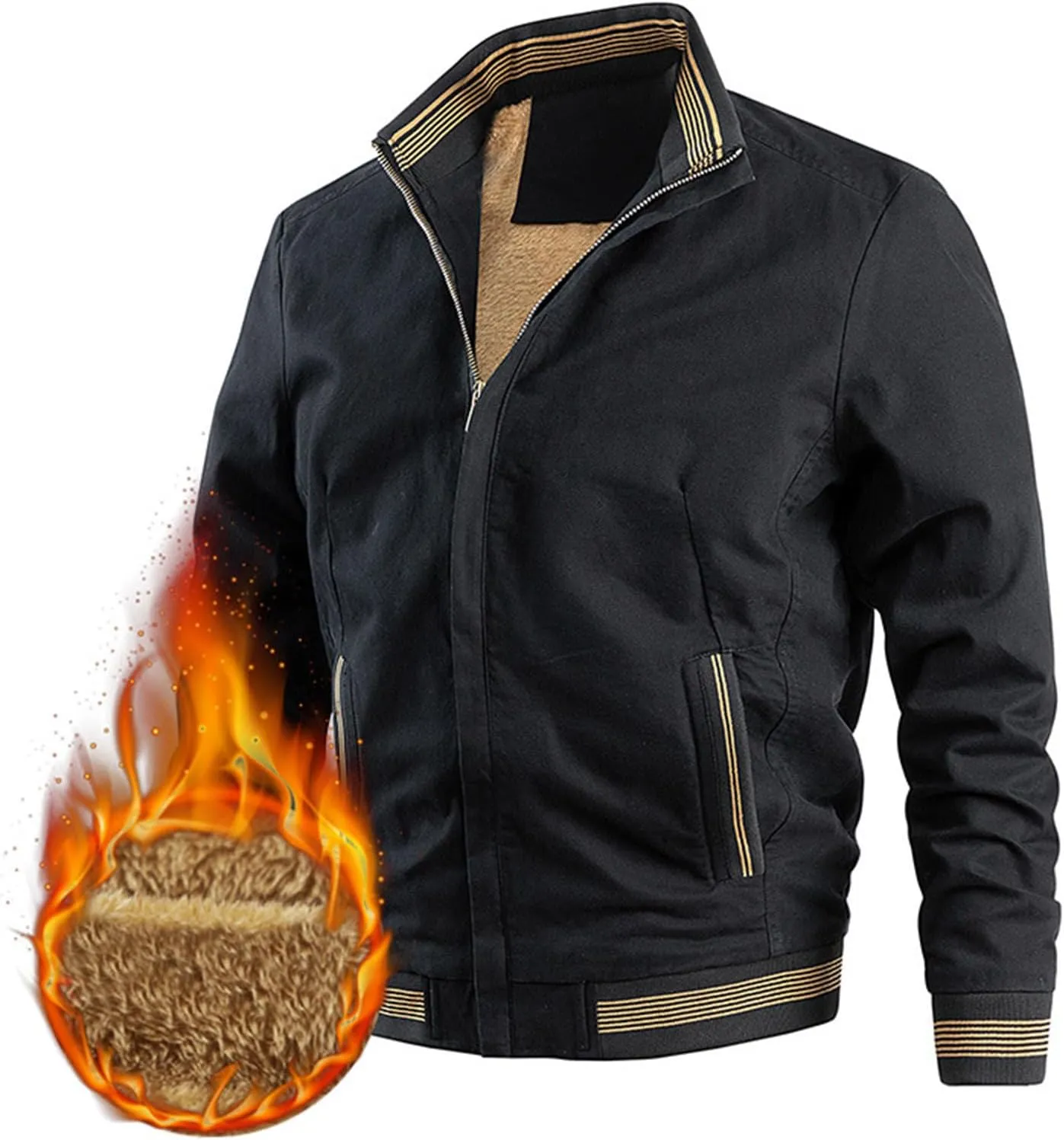 Mens Sherpa Lined Jacket Full-Zip Winter Stand Collar Bomber Jacket Outdoor Recreation Work Cargo Outerwear with Pocket