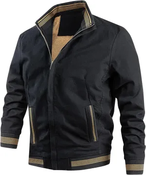 Mens Sherpa Lined Jacket Full-Zip Winter Stand Collar Bomber Jacket Outdoor Recreation Work Cargo Outerwear with Pocket