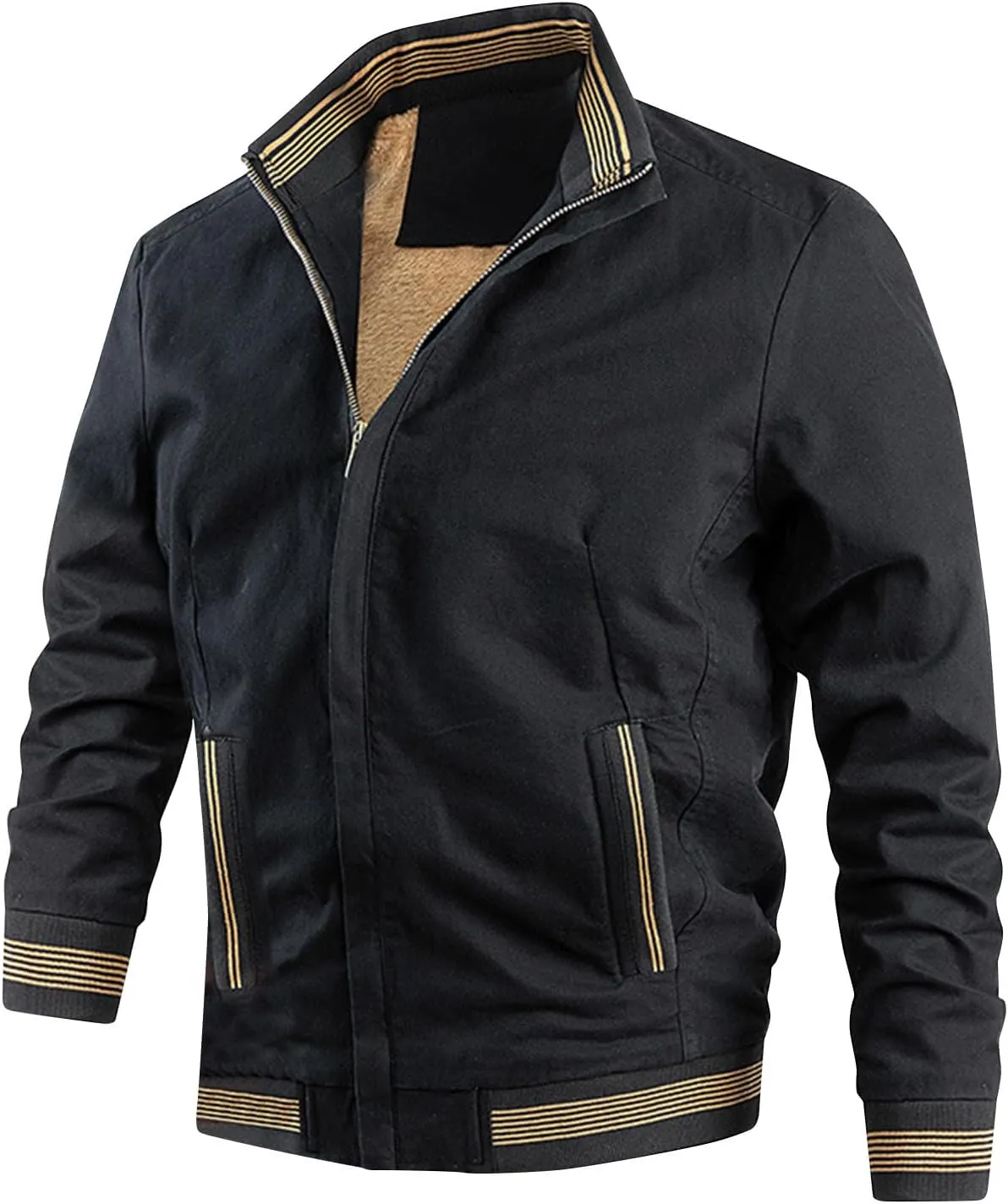 Mens Sherpa Lined Jacket Full-Zip Winter Stand Collar Bomber Jacket Outdoor Recreation Work Cargo Outerwear with Pocket