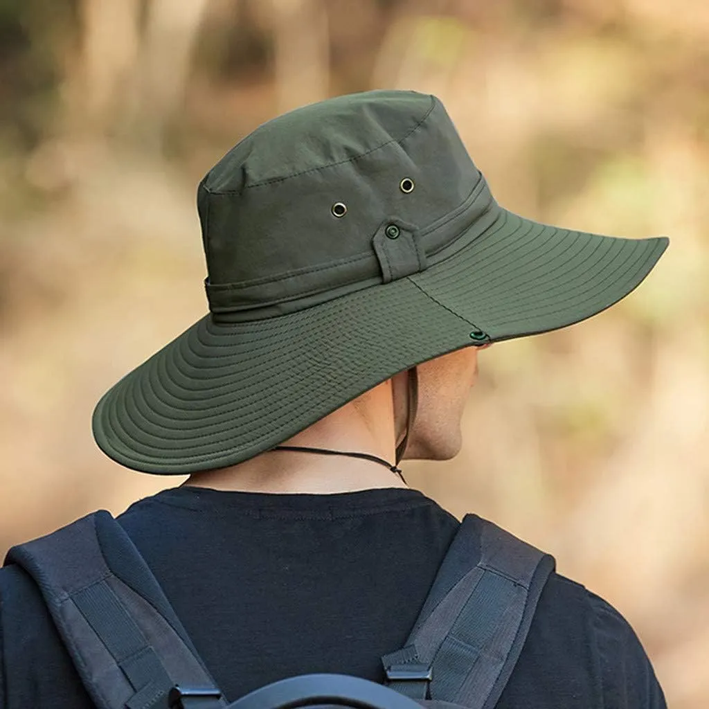 Mens Wide Brim Bucket Hats Foldable Cotton Fisherman Cap with String Solid Colors Summer Travel Sun Hats