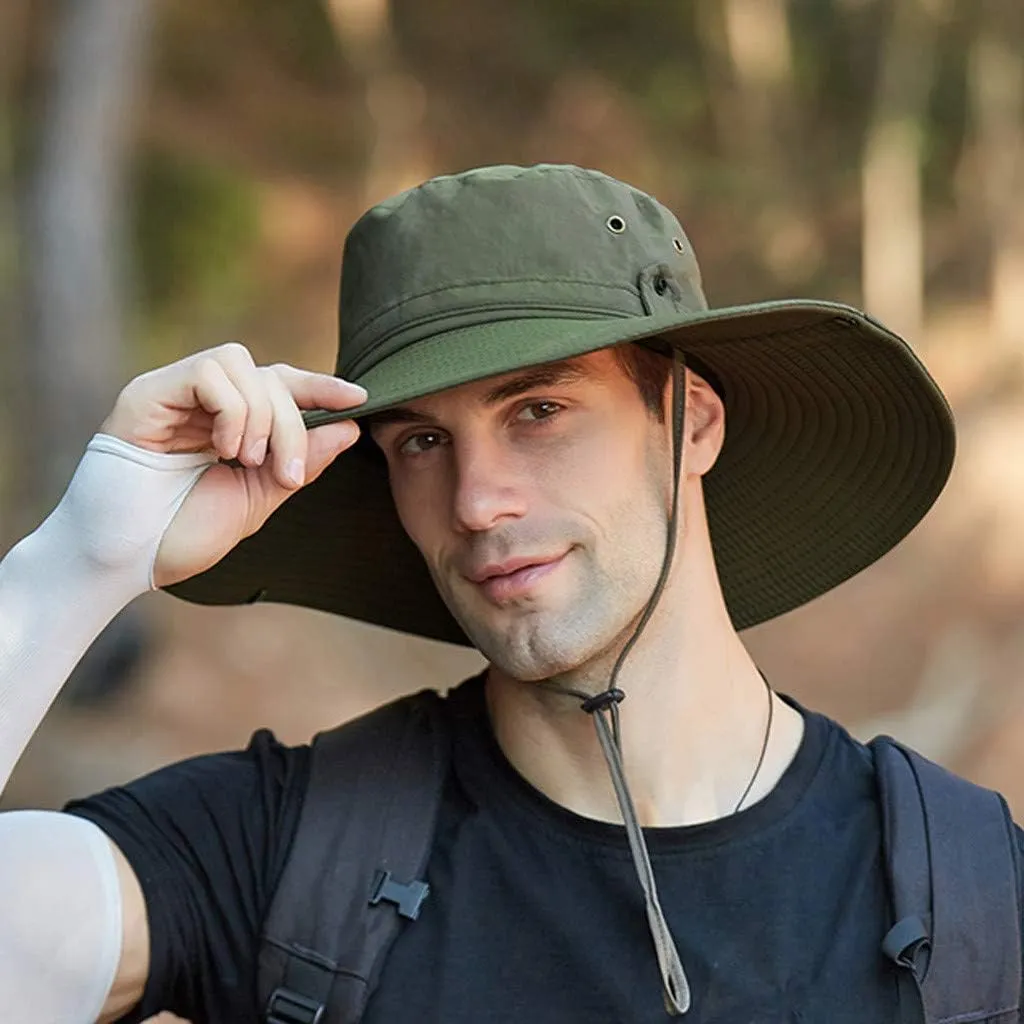 Mens Wide Brim Bucket Hats Foldable Cotton Fisherman Cap with String Solid Colors Summer Travel Sun Hats