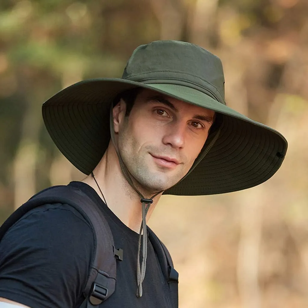 Mens Wide Brim Bucket Hats Foldable Cotton Fisherman Cap with String Solid Colors Summer Travel Sun Hats