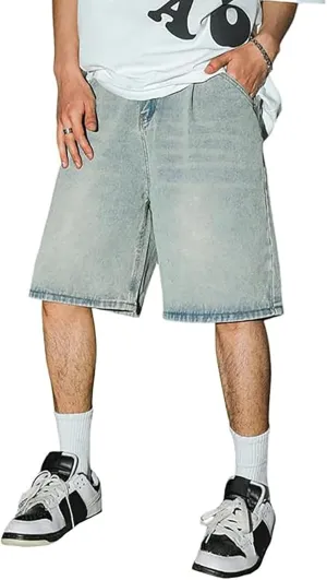 Men's Wide Leg Y2K Hip Hop Mid Jean Shorts Work Denim Shorts with Pockets Casual Summer Trendy Outfits
