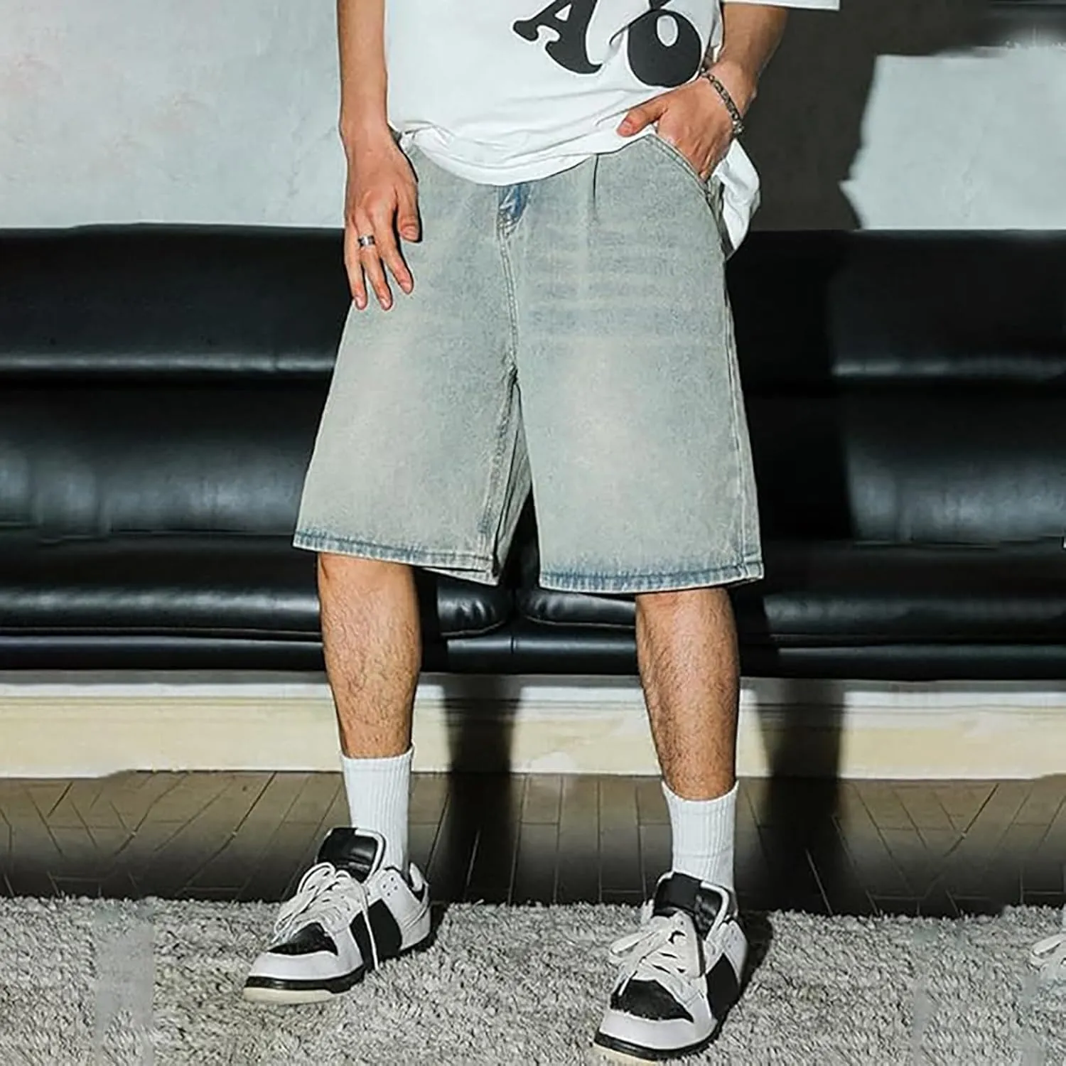 Men's Wide Leg Y2K Hip Hop Mid Jean Shorts Work Denim Shorts with Pockets Casual Summer Trendy Outfits