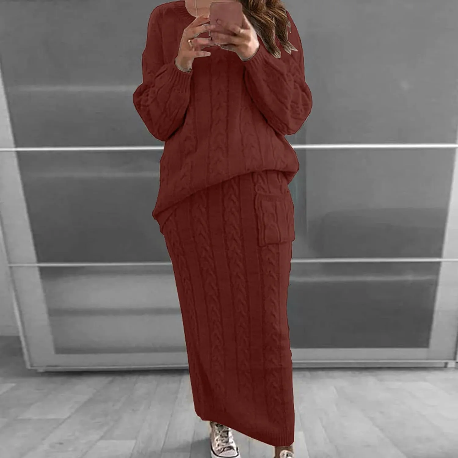 NaRHbrg Plus Size Sweater for Women's Winter Chunky Cable Knit Long Skirt 2 Piece Outfit Sweater Sets Warm Casual Suit