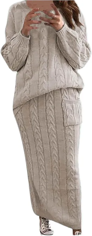 NaRHbrg Plus Size Sweater for Women's Winter Chunky Cable Knit Long Skirt 2 Piece Outfit Sweater Sets Warm Casual Suit