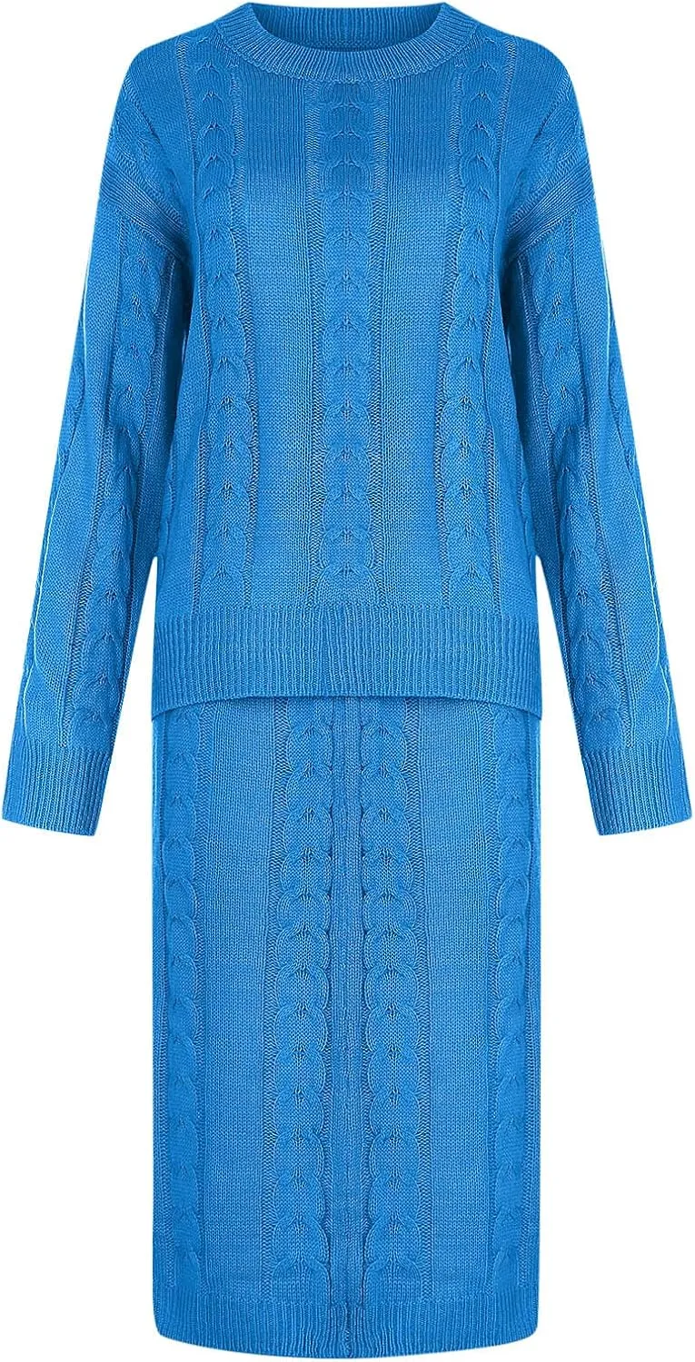 NaRHbrg Plus Size Sweater for Women's Winter Chunky Cable Knit Long Skirt 2 Piece Outfit Sweater Sets Warm Casual Suit
