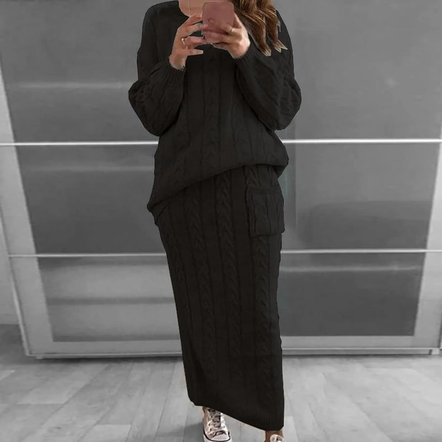 NaRHbrg Plus Size Sweater for Women's Winter Chunky Cable Knit Long Skirt 2 Piece Outfit Sweater Sets Warm Casual Suit