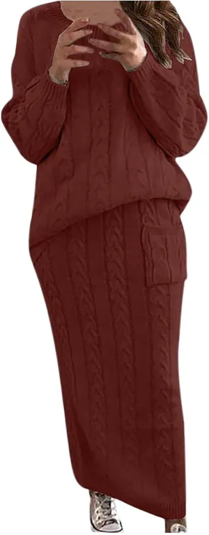 NaRHbrg Plus Size Sweater for Women's Winter Chunky Cable Knit Long Skirt 2 Piece Outfit Sweater Sets Warm Casual Suit