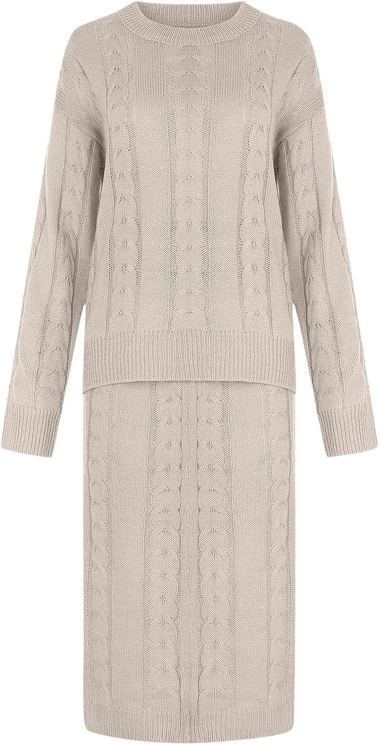 NaRHbrg Plus Size Sweater for Women's Winter Chunky Cable Knit Long Skirt 2 Piece Outfit Sweater Sets Warm Casual Suit