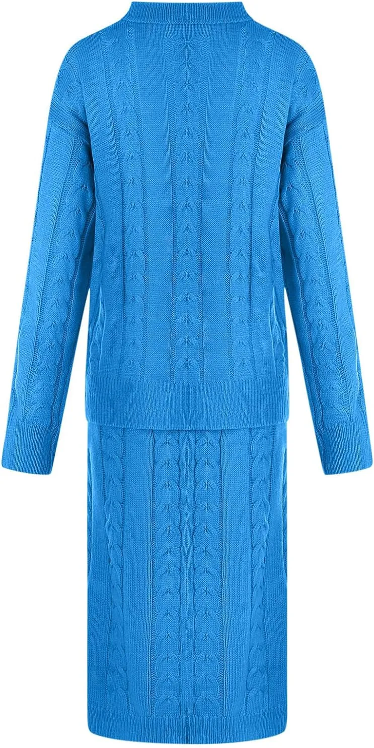 NaRHbrg Plus Size Sweater for Women's Winter Chunky Cable Knit Long Skirt 2 Piece Outfit Sweater Sets Warm Casual Suit
