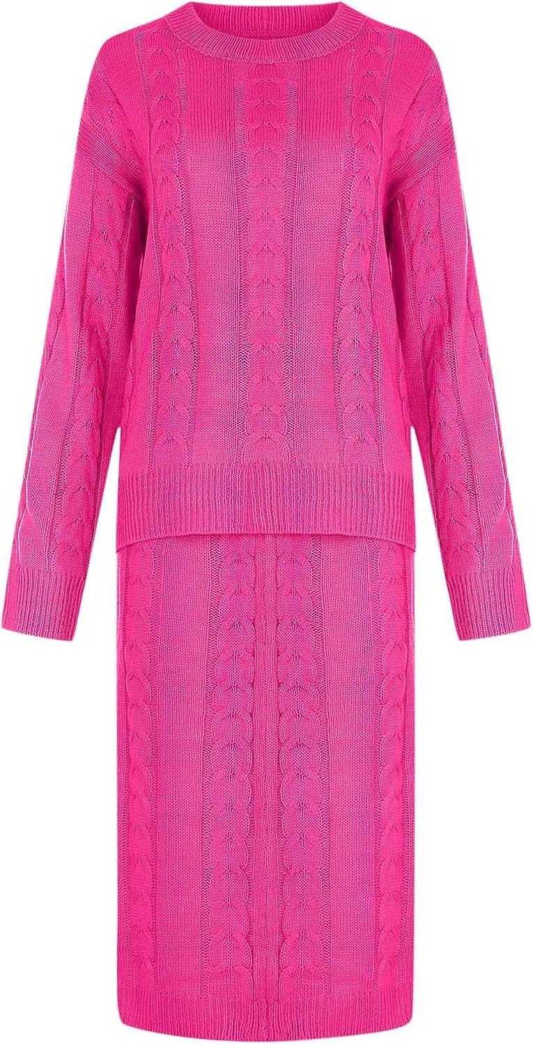 NaRHbrg Plus Size Sweater for Women's Winter Chunky Cable Knit Long Skirt 2 Piece Outfit Sweater Sets Warm Casual Suit