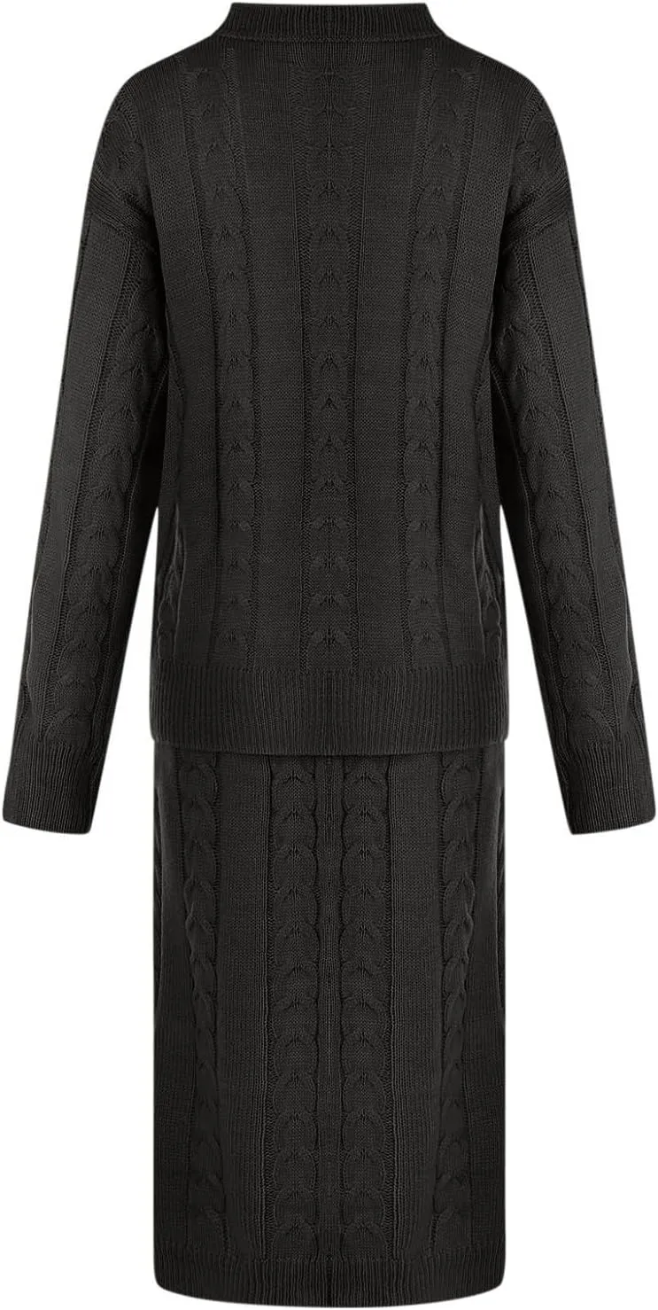 NaRHbrg Plus Size Sweater for Women's Winter Chunky Cable Knit Long Skirt 2 Piece Outfit Sweater Sets Warm Casual Suit