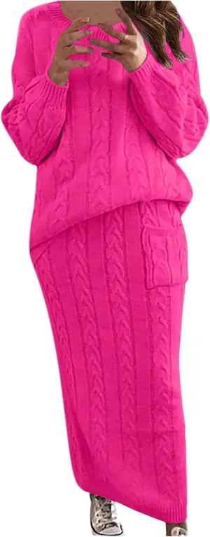 NaRHbrg Plus Size Sweater for Women's Winter Chunky Cable Knit Long Skirt 2 Piece Outfit Sweater Sets Warm Casual Suit
