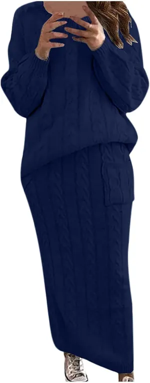 NaRHbrg Plus Size Sweater for Women's Winter Chunky Cable Knit Long Skirt 2 Piece Outfit Sweater Sets Warm Casual Suit